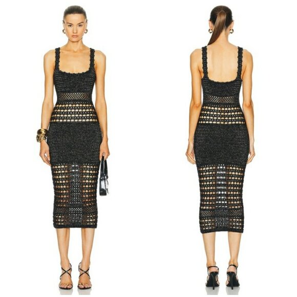 💕RETROFETE💕 Avril Knit Crochet Dress ~ Metallic Black and Gold Medium - Picture 1 of 16